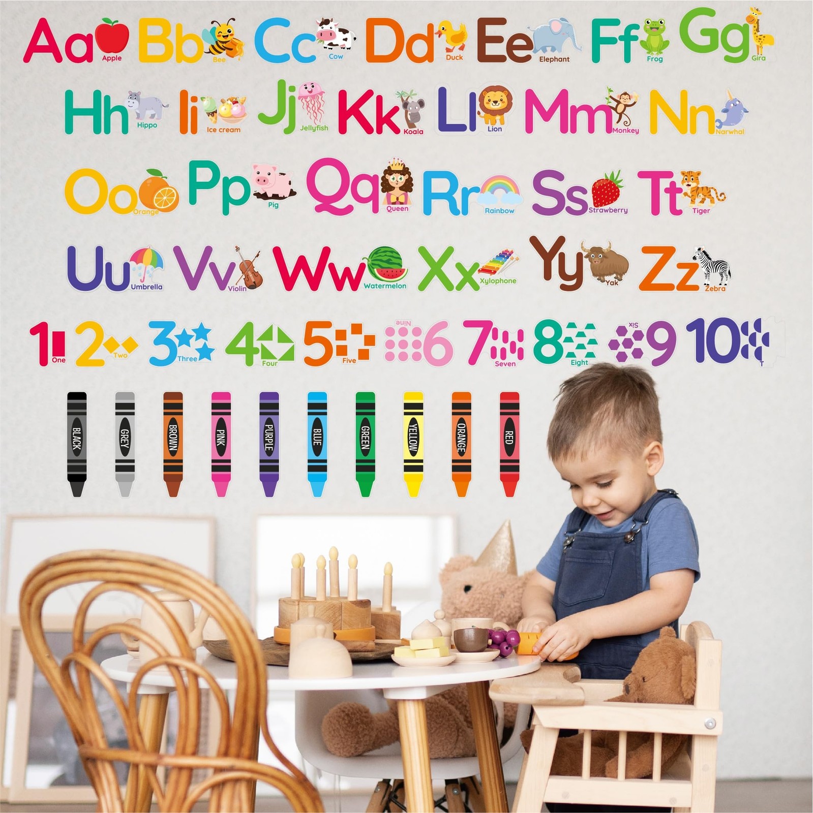 Animal Alphabet Numbers Wall Decals – 6 Sheets 55 Pcs Colorful Educational Wa…