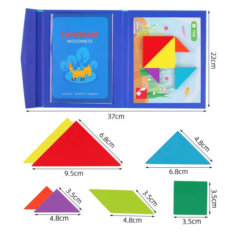 Magnetic Fractions Demonstration Book & Magnetic Wooden Tangram Block Puzzle Kit