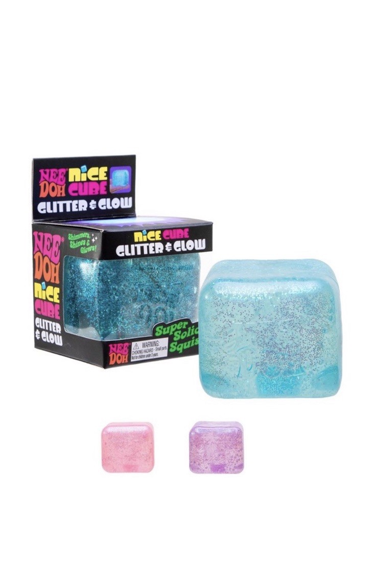 NeeDoh Nice Cube Glitter and Glow, Nee Doh Squishy, Glowing Ice Cube Blue