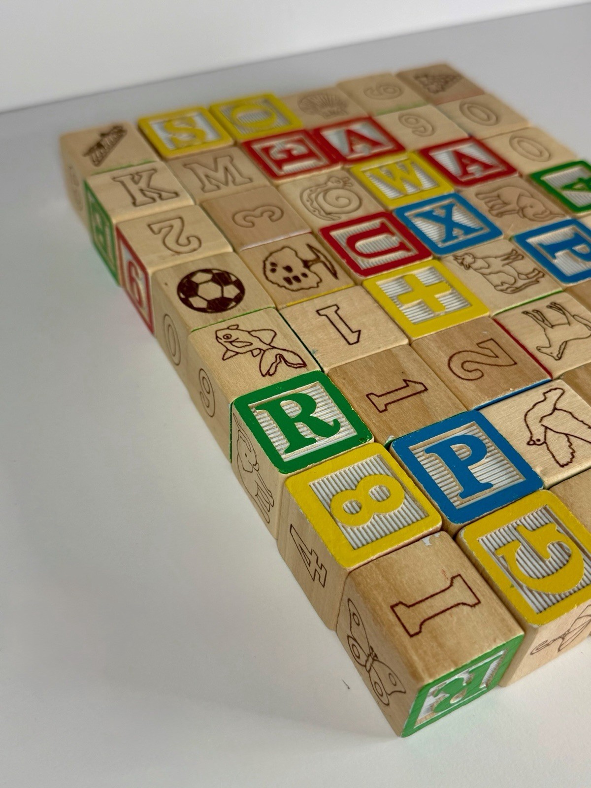 Wood Childrens Blocks Alphabet & Number ABC Learning Building Lot of 48 Cube VTG