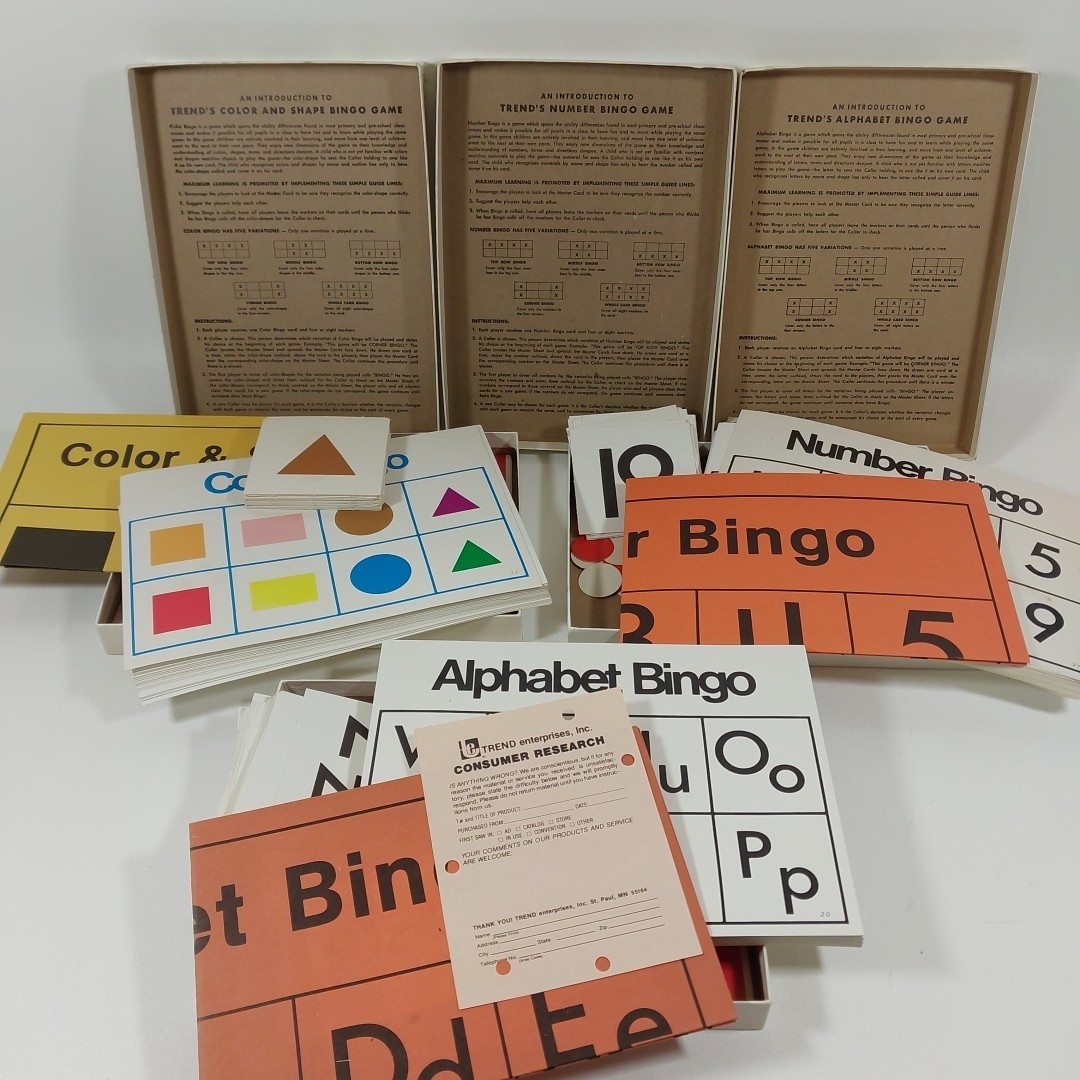 Vintage 70s Trend’s Alphabet Bingo, Number Bingo And Color Shape Bingo Complete
