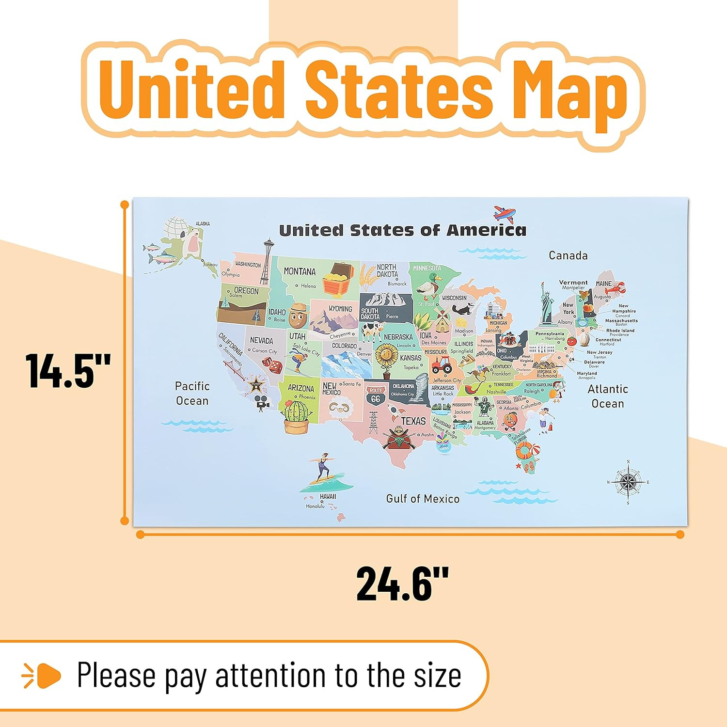– United States Map for Kids, 14.5”x 24.6”, US Map for Kids Learning, Back to Sc