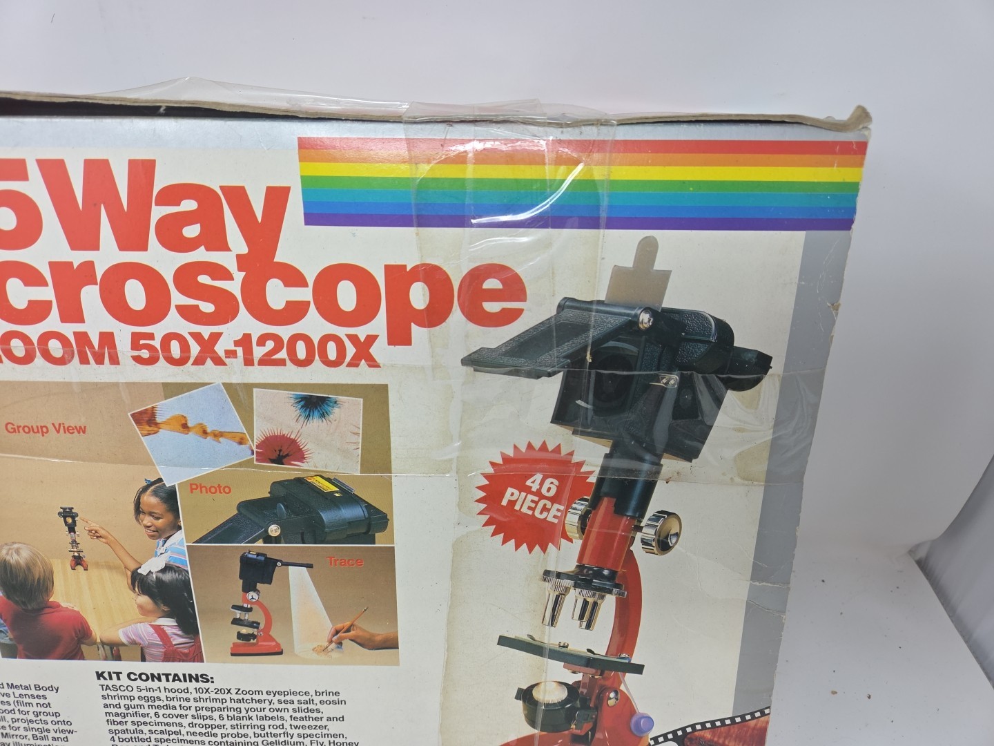 Vintage Tasco 46 Piece Science Kit 5-Way Microscope Kit 50X-1200X 30 slides 1985