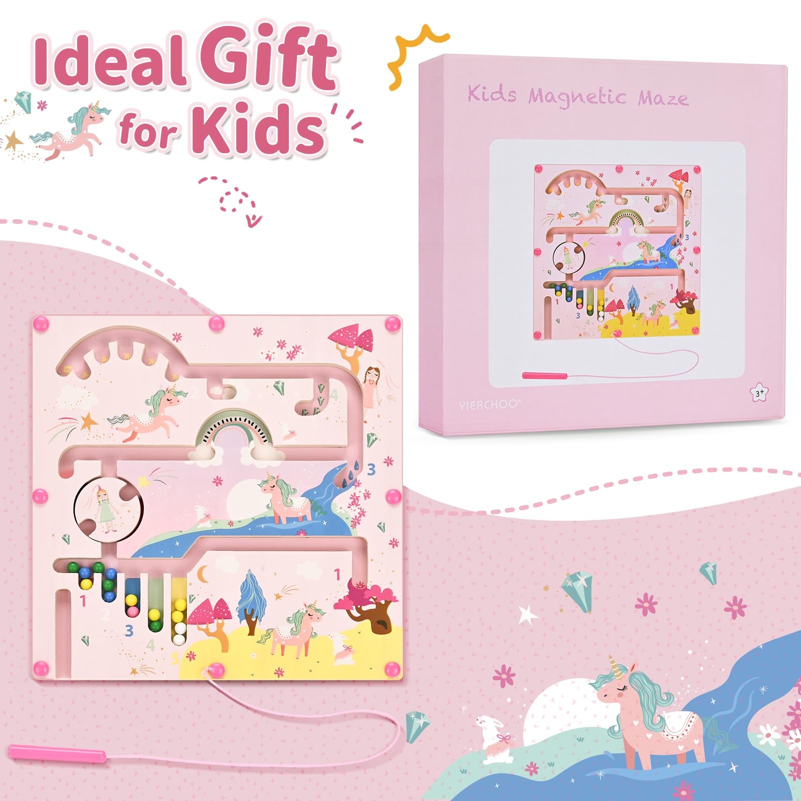 Yierchoo Unicorn Magnetic Maze Toy, Color & Number Sorting 24*24cm, Pink