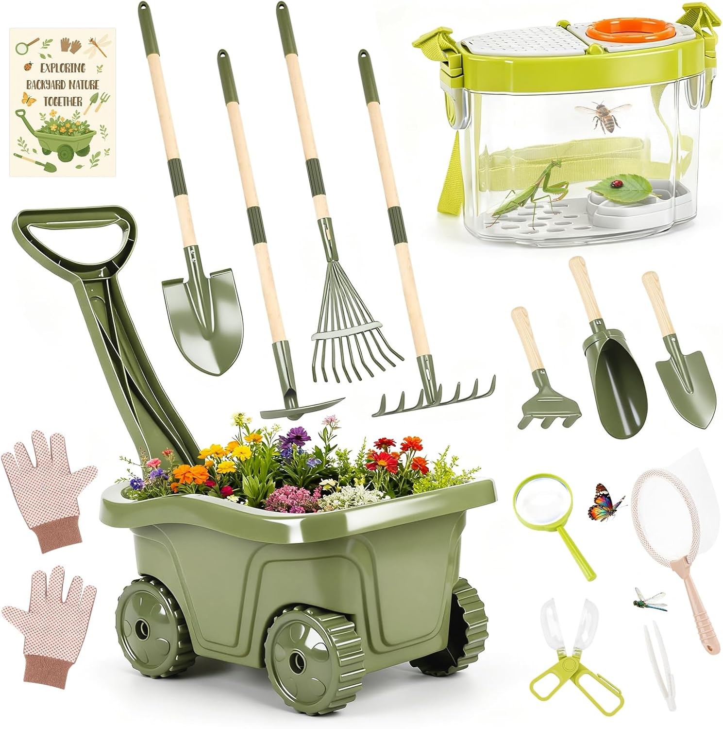 Green 2 In 1 Kids Gardening Tools Bug Catcher Kit with Wheelbarrow Bug House