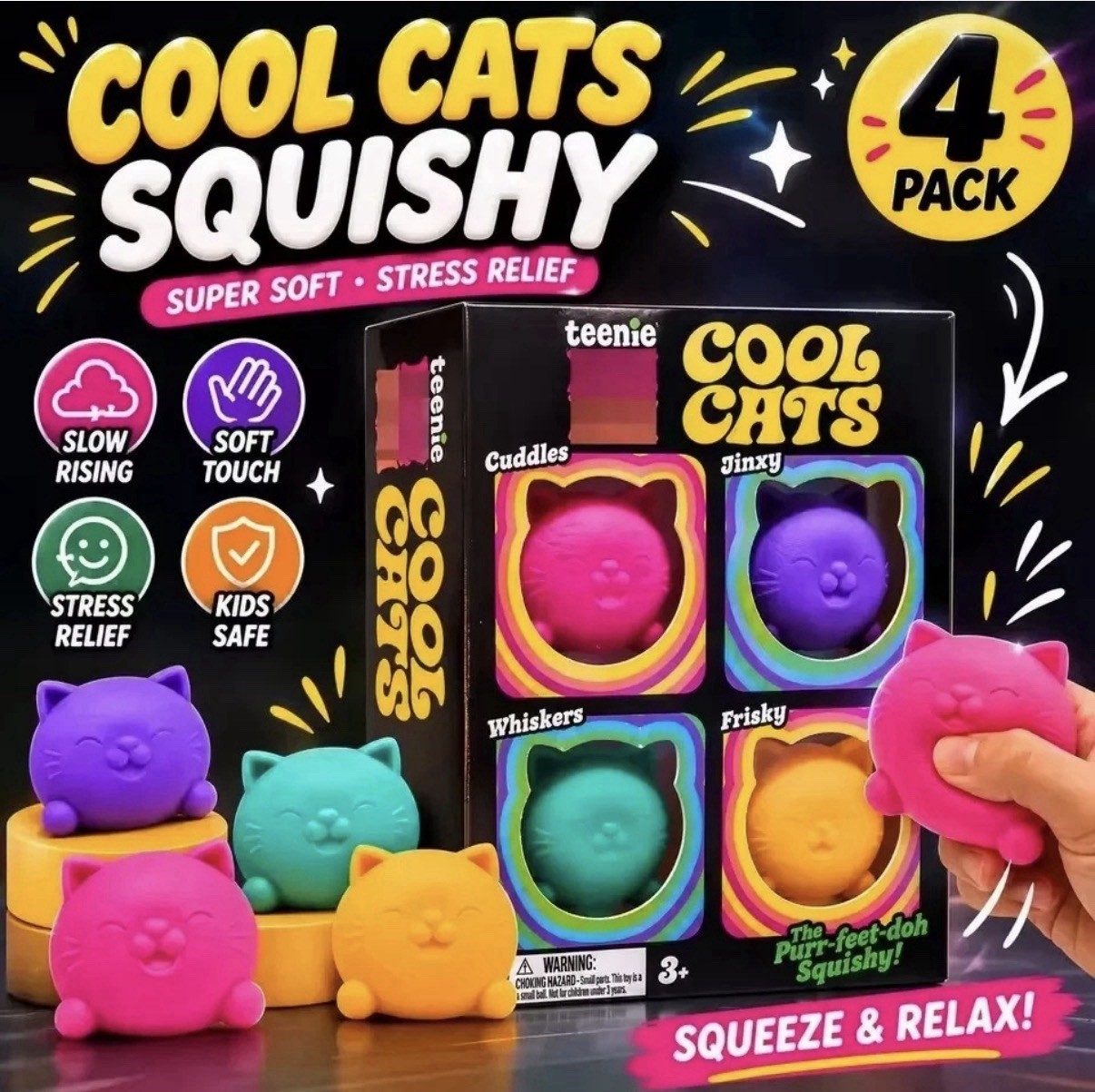 Schylling NeeDoh Teenie Cool Cats 4-Pack Kittens Stress Fidget Sensory Toy – New