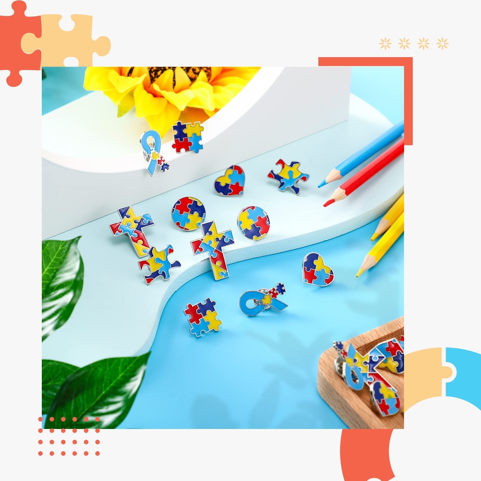 Jutom 24 Pcs Autism Awareness Lapel Pin Multi Color Puzzle Piece Brooches Pin…