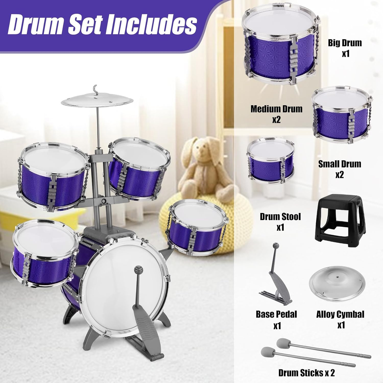 Kids Drum Set Jazz Drum Rock Kit Toys for 3 4 5 6 7 Year Old – 5 Piece Toddler B