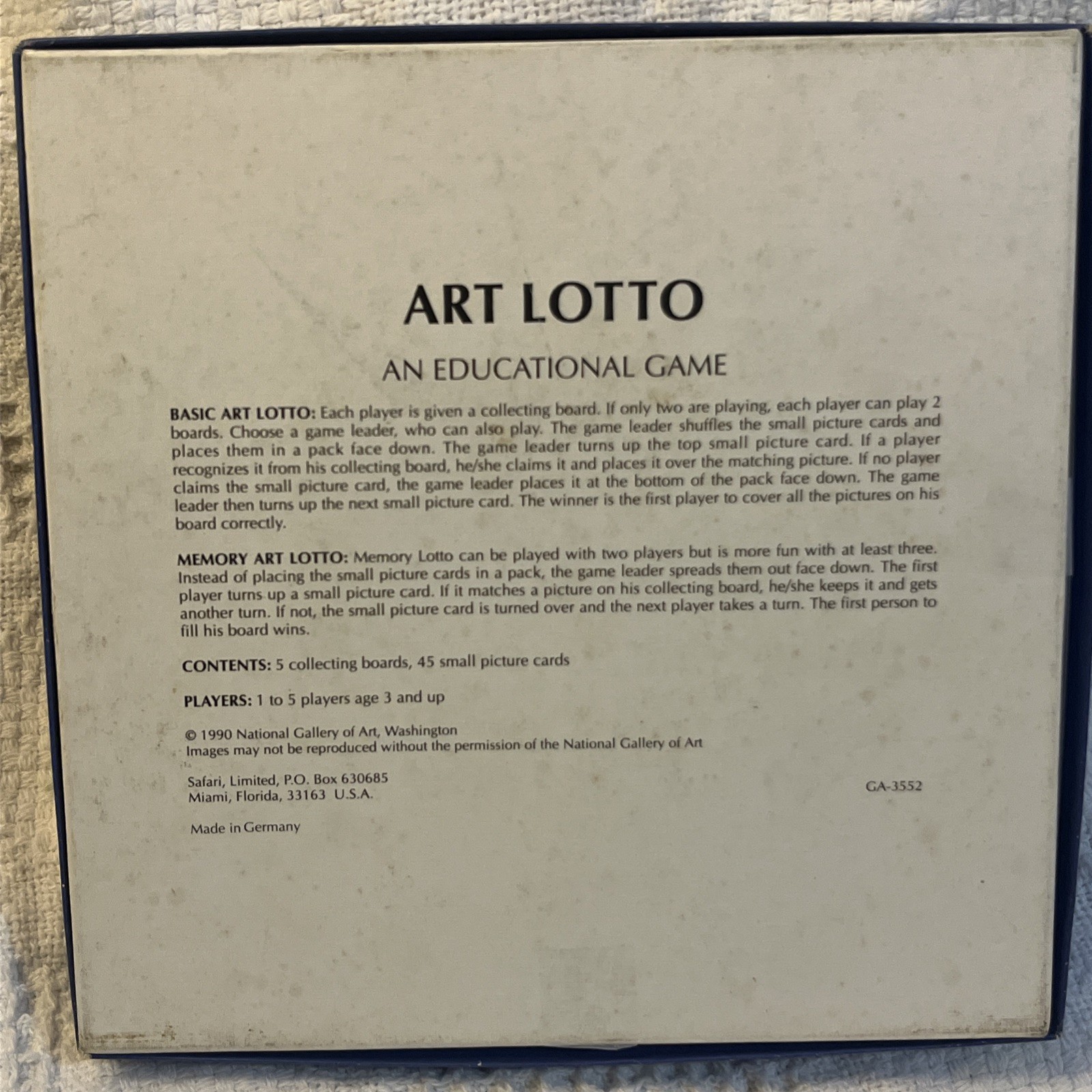 Art Lotto Memory Matching Game National Gallery of Art Washington Complete 1990