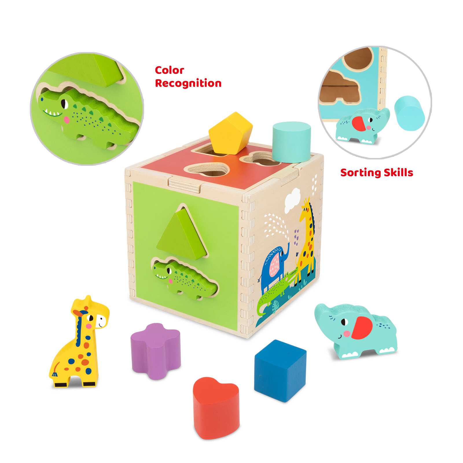 TOOKYLAND Wooden Shape Sorting Cube – Toy with Animal and Geometric Blocks, 12m+