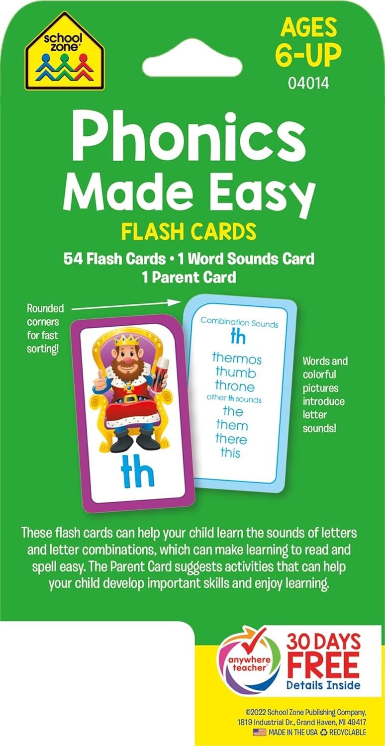 School Zone Phonics Made Easy Flash Cards Early Reading, Short Vowels, Long Vowe