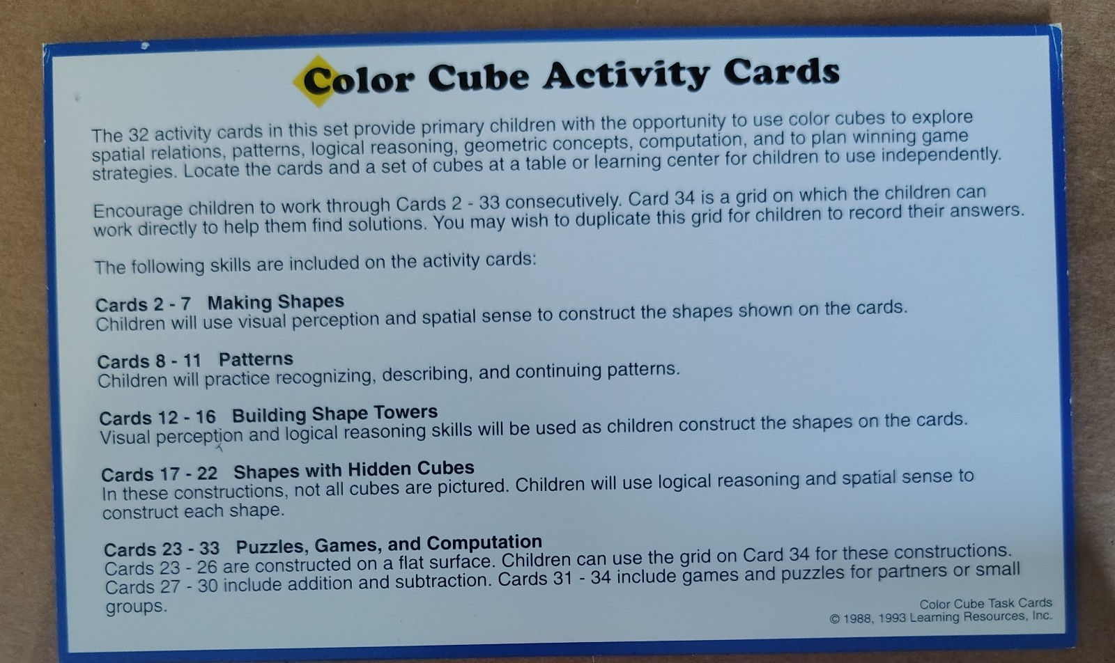 Learning Resources Color Cube Activity Task Cards 102 FOAM Quiet Shape Cubes
