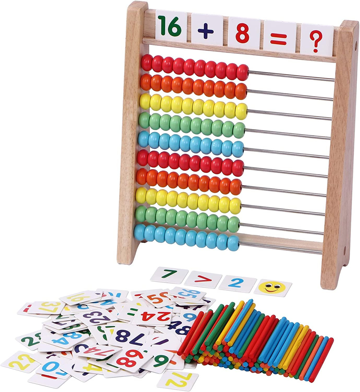 Wooden Abacus for Kids – 100 Counting Sticks and Number Toys Cards 1-100, Educat