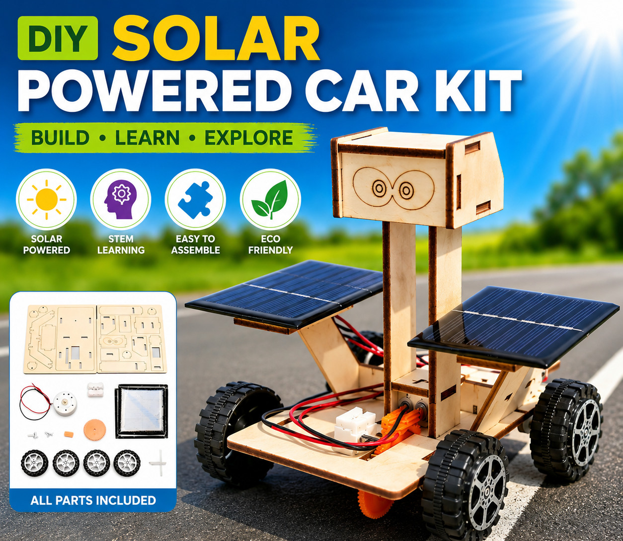 DIY Solar Powered Car Kit Wooden STEM Puzzle Science Toy Kids Educational Gift