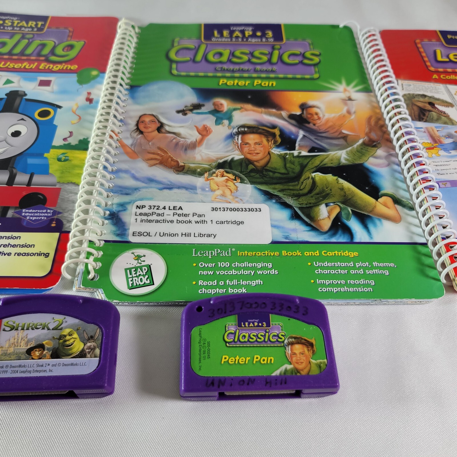 Lot Of LeapPad Books (3) And Two Cartridges (Shrek / Peter Pan)