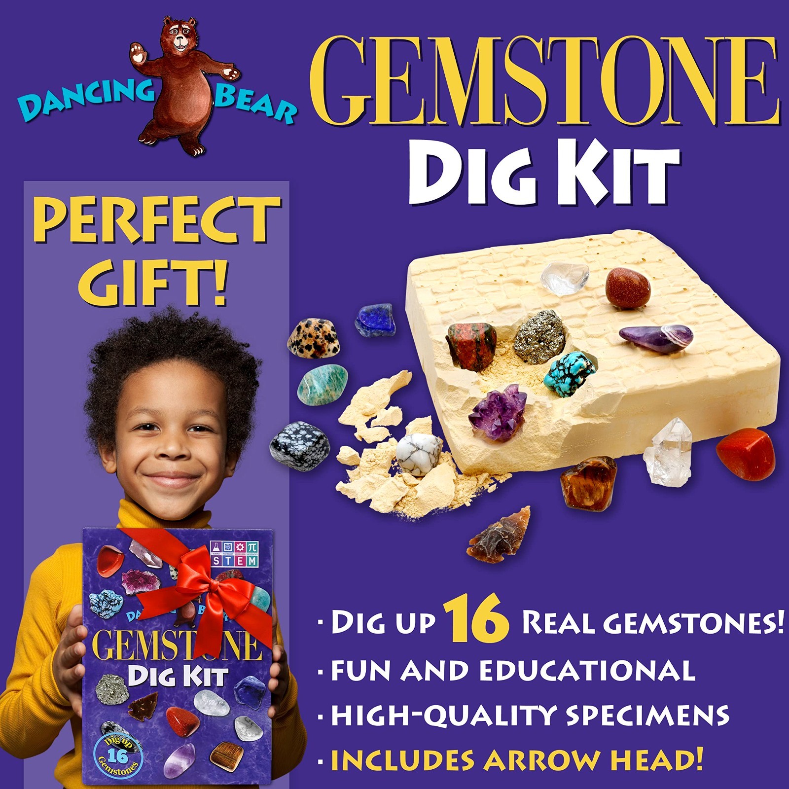 Gemstone Dig Kit – Excavate 16 Real Gems & Crystals, STEM Science Activity for K