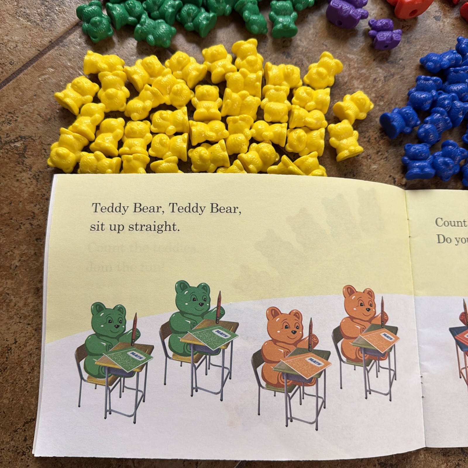 Plastic Teddy Bear Counters Red Yellow Blue Green Purple Lot Of 177 and Book