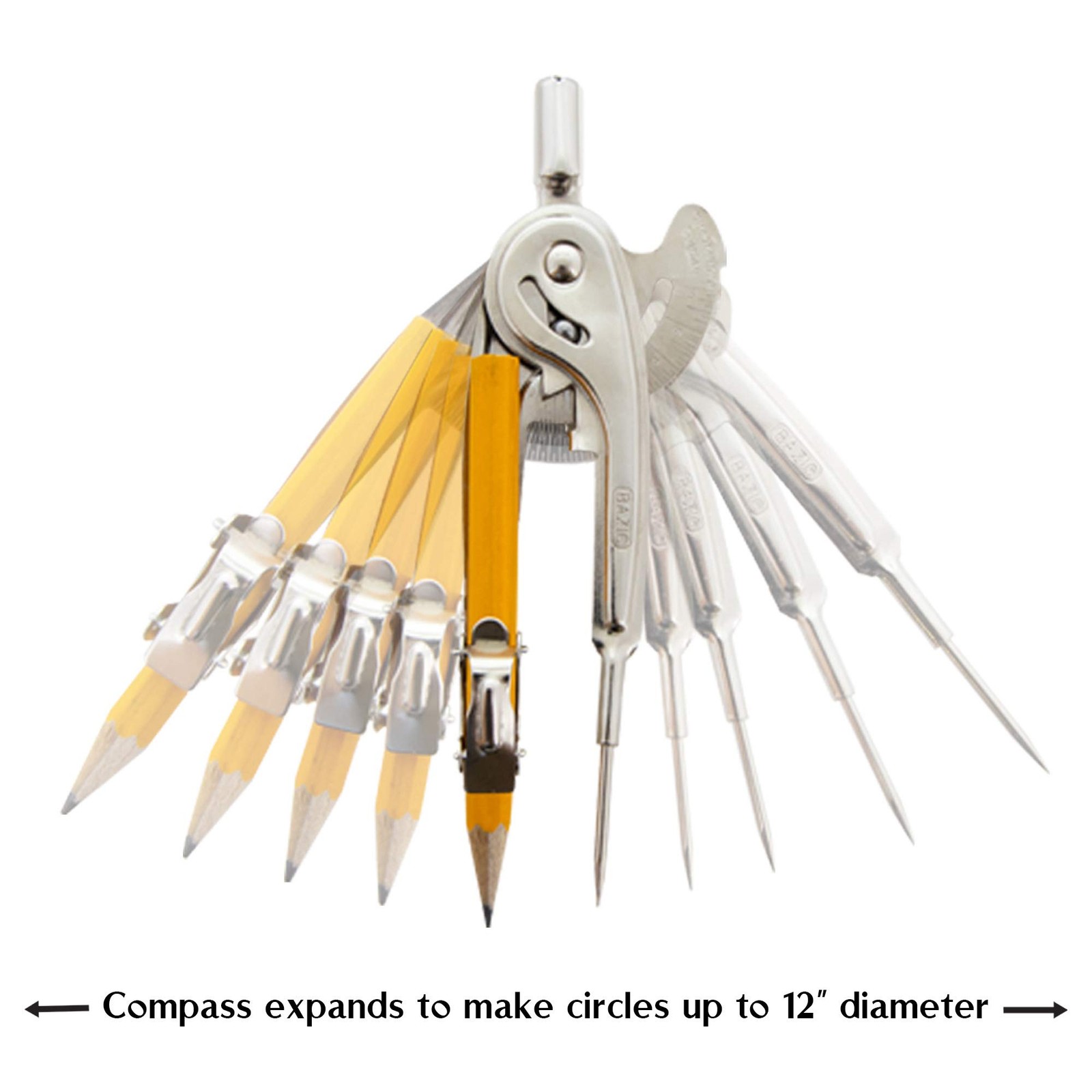 BAZIC Products Geometry Math Compass Set w/Scale-Arm, Nickel 1-Pack, Silver