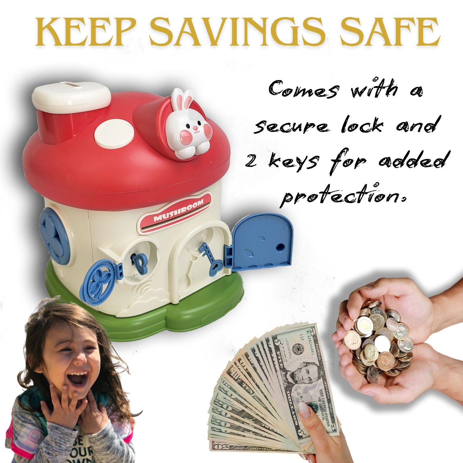 Lockable Kids Piggy Bank Mushroom Coin Box 2 Keys ASTM Non-Toxic Vinyl USA