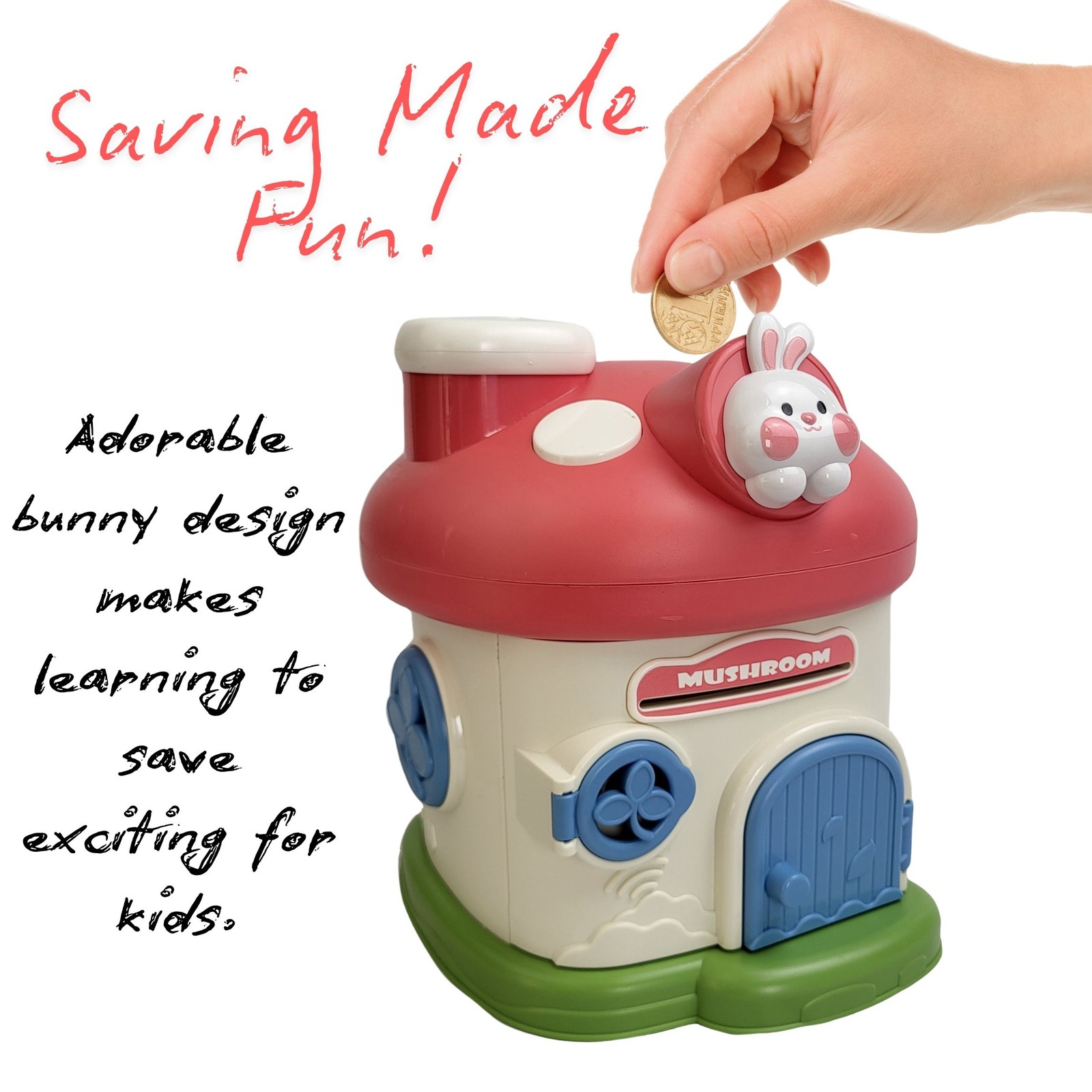 Lockable Kids Piggy Bank Mushroom Coin Box 2 Keys ASTM Non-Toxic Vinyl USA