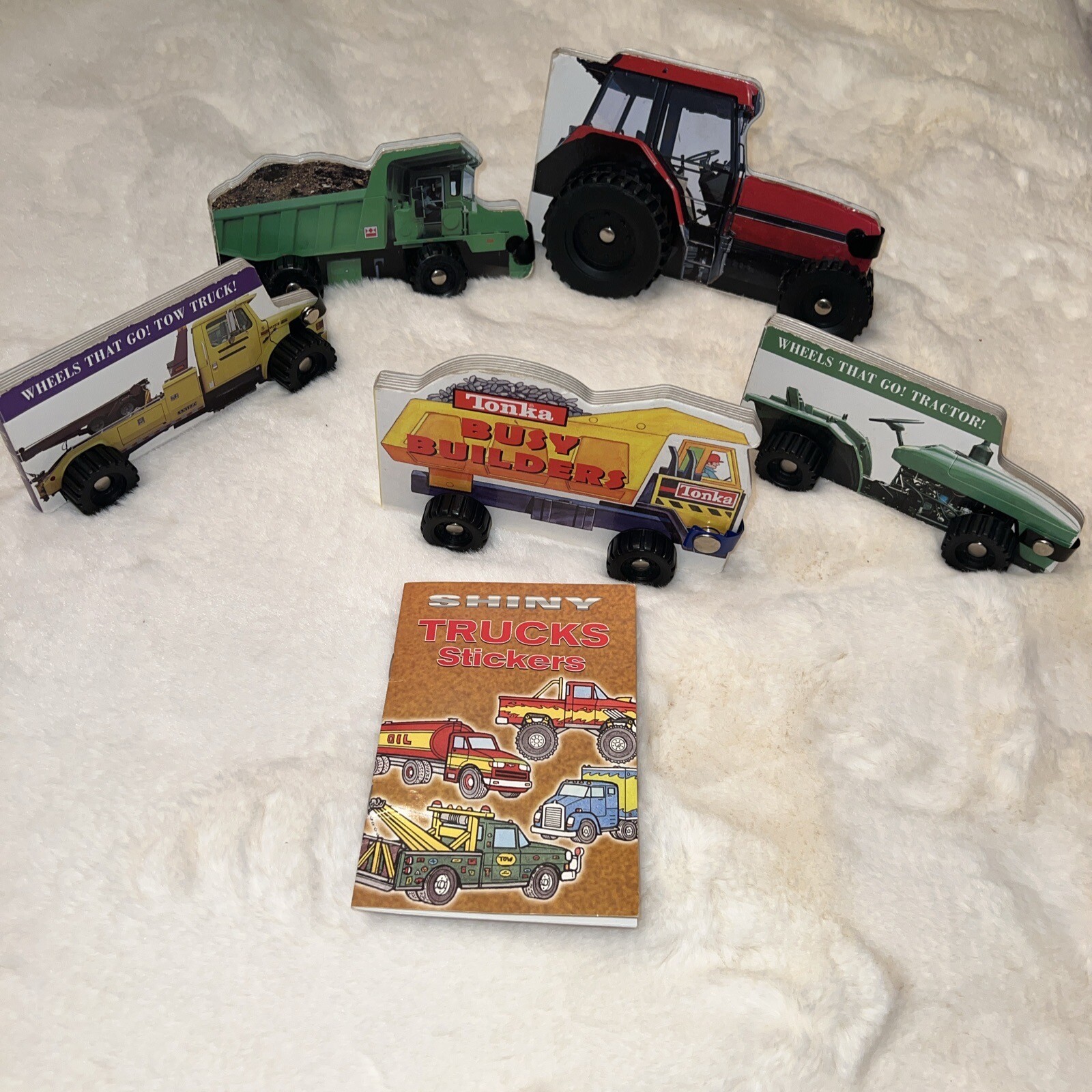 5 Baby Toddler Pre-school Truck-Shaped Board Books On Wheels Toy Trucks Stickers