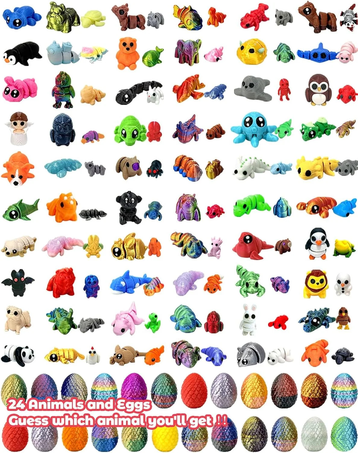 124Pcs 3D Printed Mini Animal Figurines & Easter Eggs Set,Flexible Articulated F