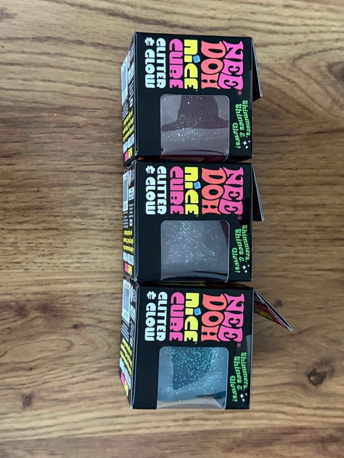 Nee Doh Nice Cube Glitter & Glow Super Solid Squish Squeezable Set Of 3