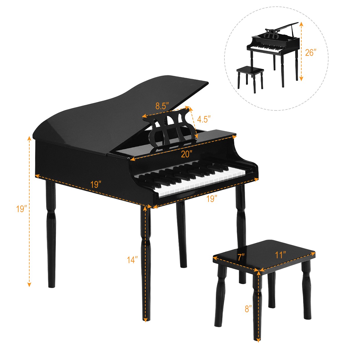 Costway 30-Key Classic Baby Grand Piano Toy Toddler Birthday Wood w/Bench Black