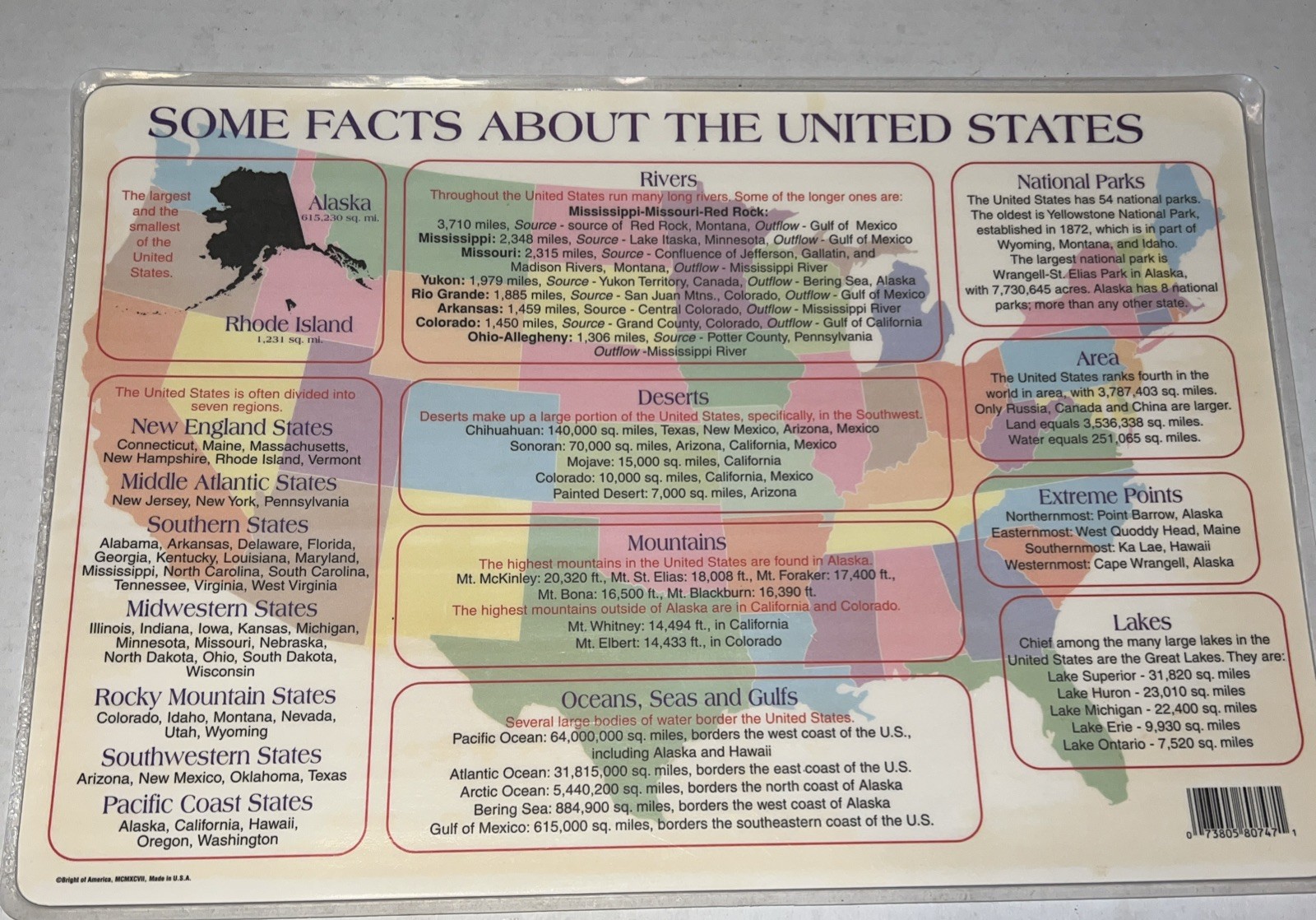 Educational Placemat by Digital Wisdom- 1993- Map Of The United States
