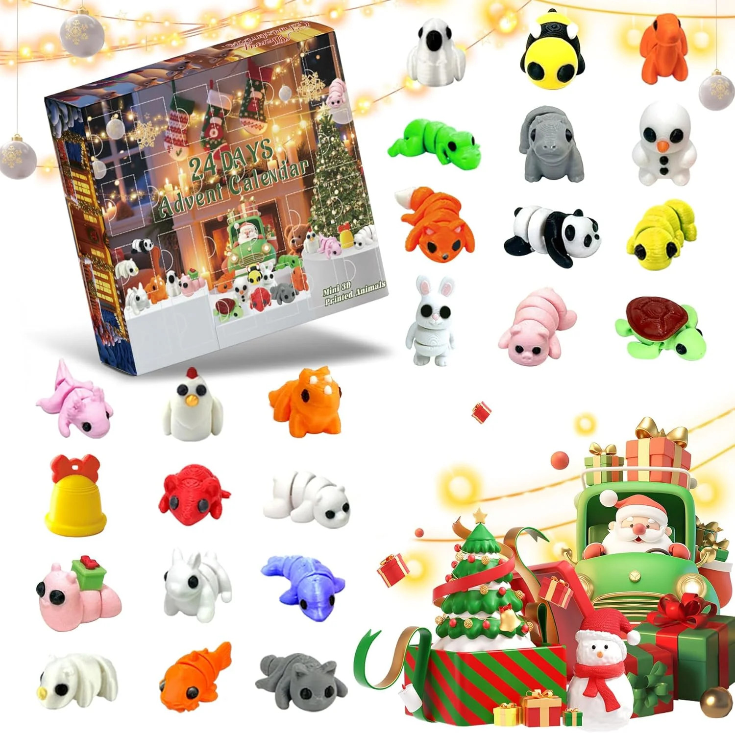 24Pcs 3D Printed Animals Set,Cute Articulated Flexible Figurines Fidget,Christma