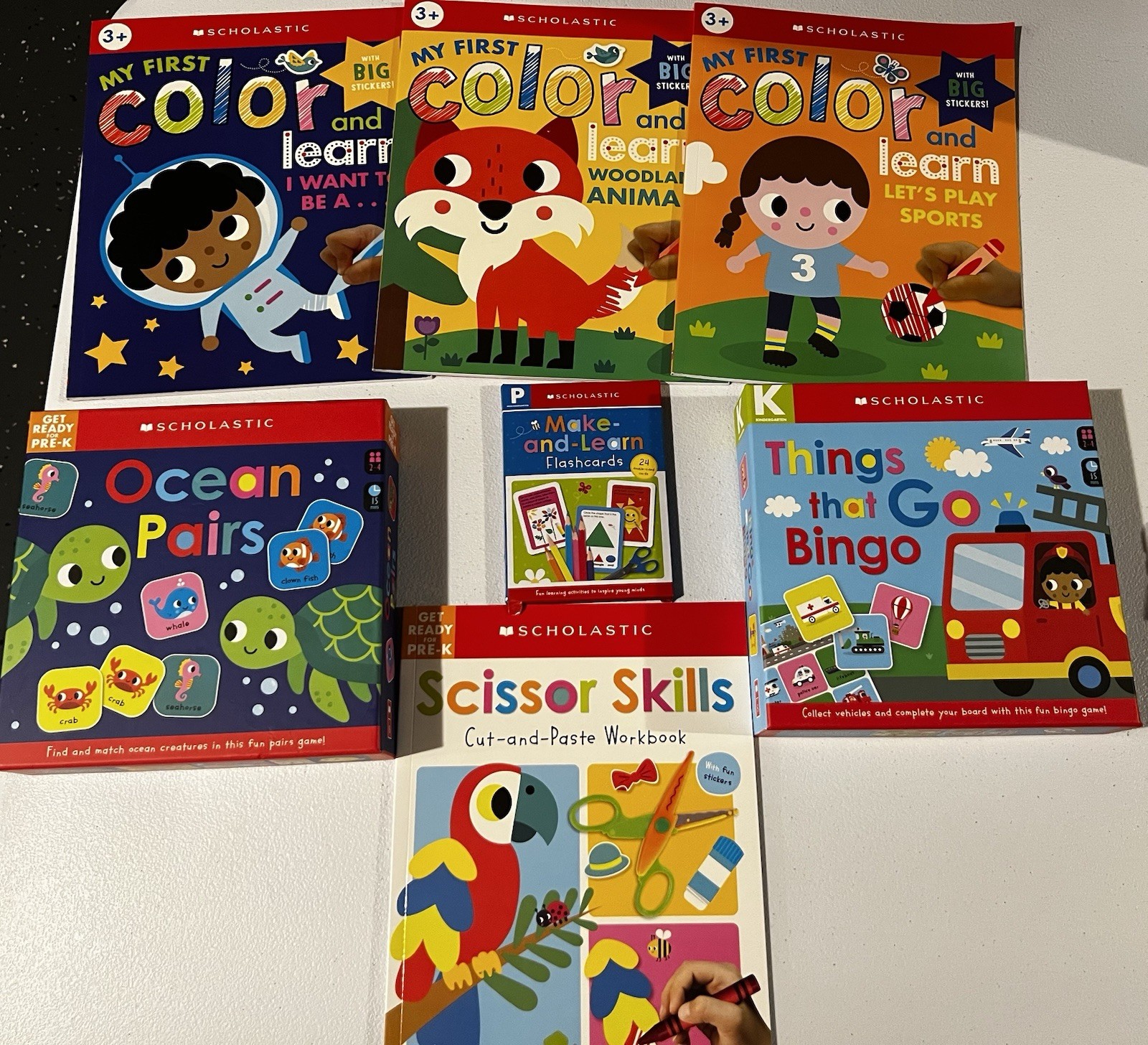 Scholastic Preschool Learning Lot 7 Flash Cards Games Books Homeschool Fun NEW