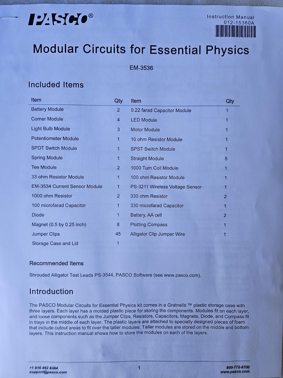 Pasco Modular Circuits Standard Kit EM-3536 For Essential Physics