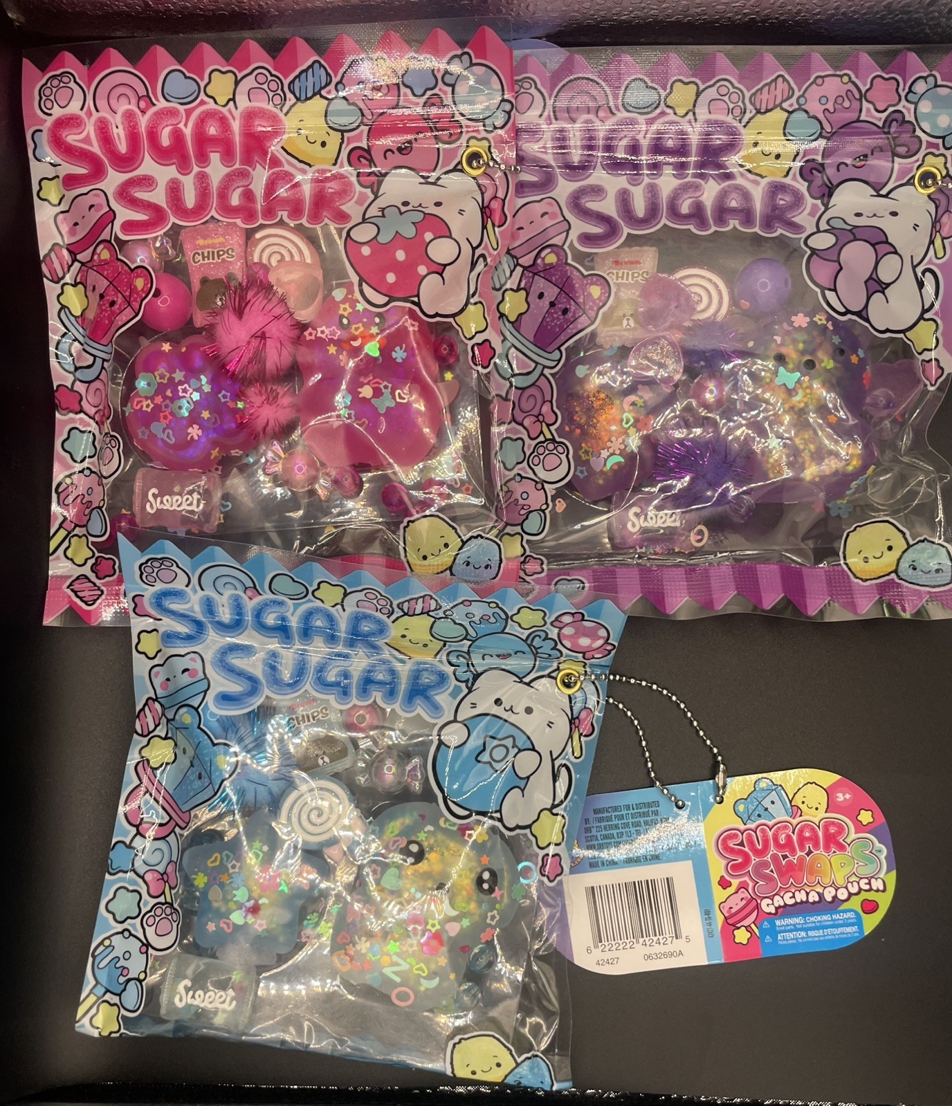 Sugar Swaps Gacha Pouch Lot of 3: Purple, Pink, and Blue Squishies