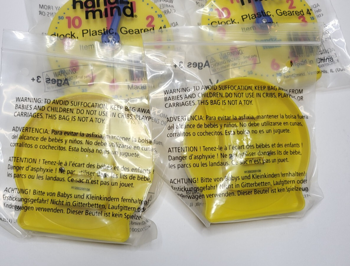 6 New Kids HAND2MIND Yellow Learning Geared Clock Size 4″ Hand 2 Mind Education