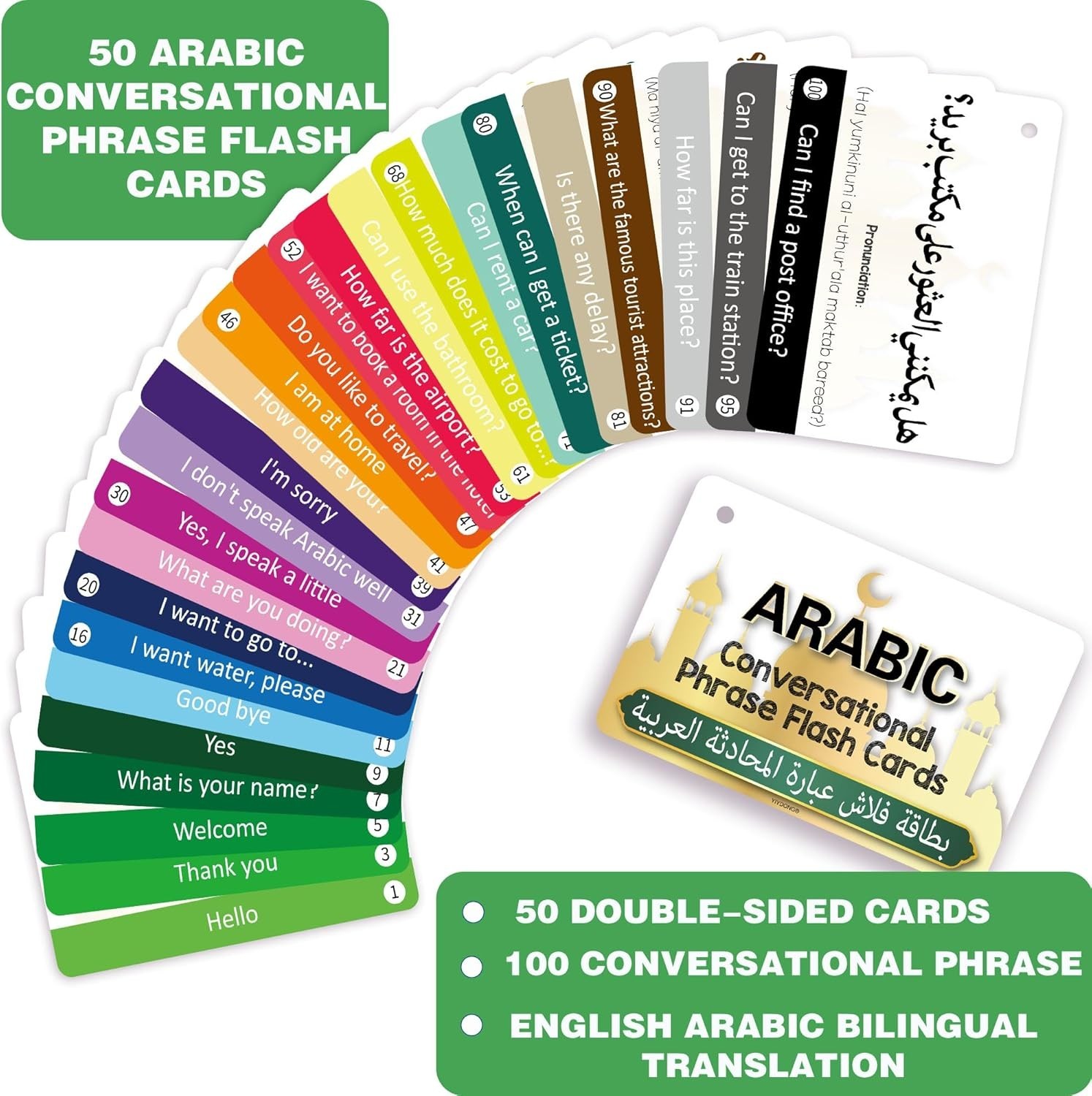 Arabic Flash Cards Set – 50 Essential Phrases with English Transliteration