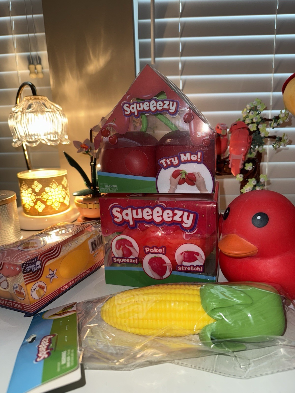 RARE x5 Sunnyday Squeeezy LOT Squishy- Cherry, Corn, Duck, Hot Dog, Strawberry