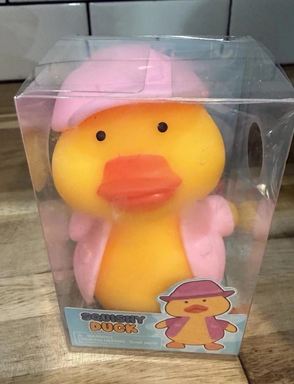 Viral Squishy Duck Anxiety Relief Toy Pink Hat Stress Squeeze Adorable NEW