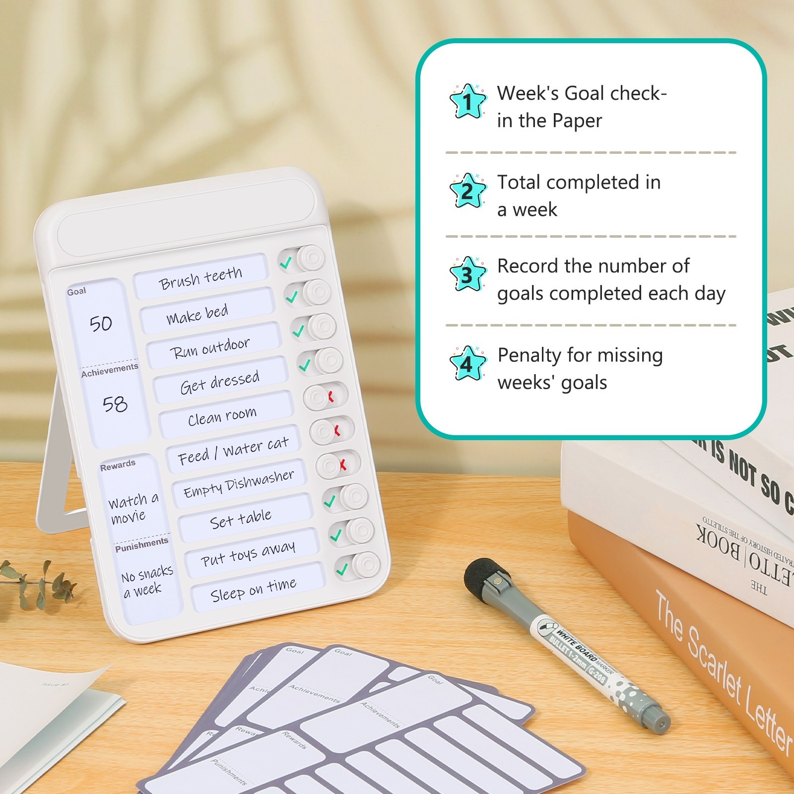 2Pcs Kids Chore Chart Checklist Board with 30 Blank Checklists & 4 Cardstock – H