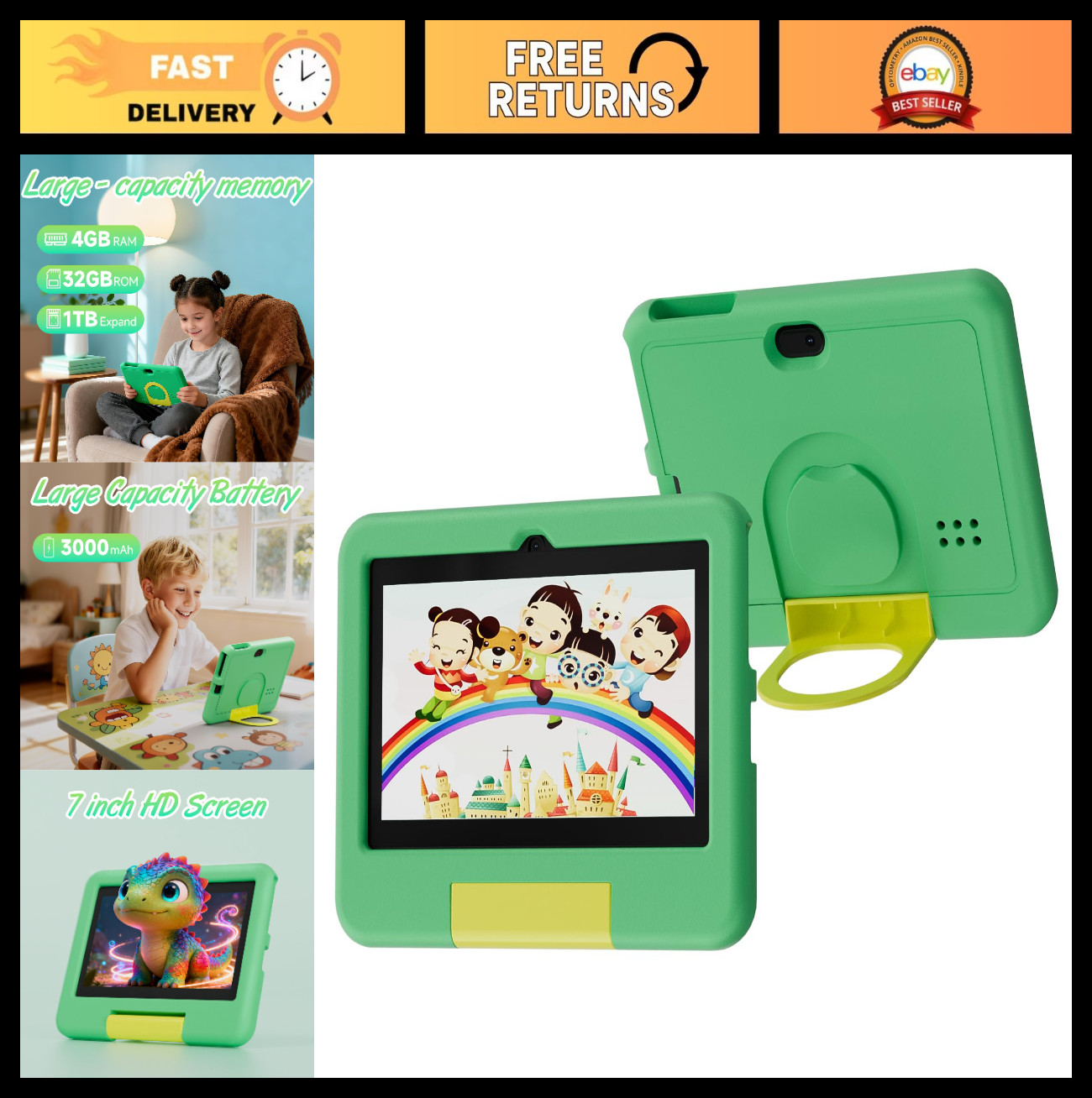 7″ Kids Tablet – Android, 4GB RAM, 32GB Storage, 1TB Expandable, Parental Contro
