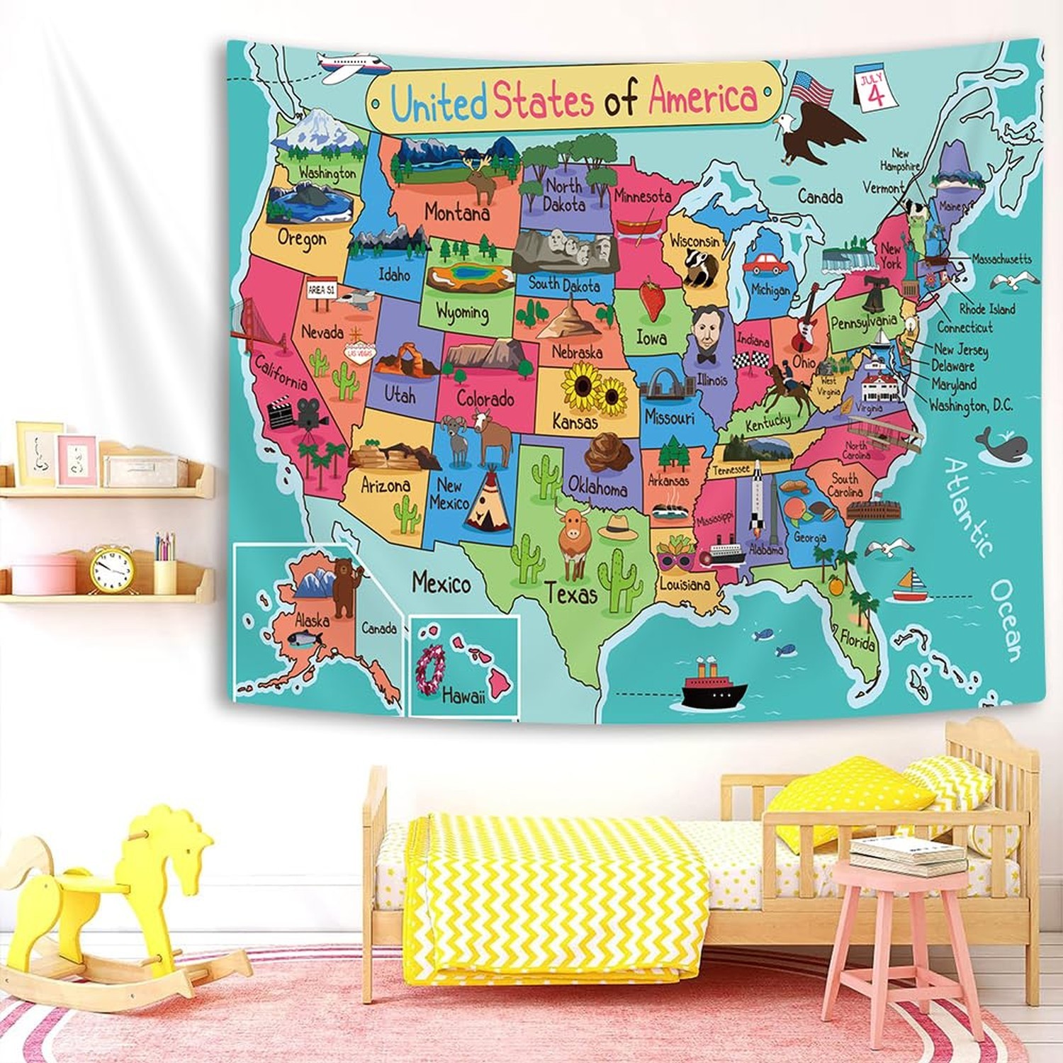 Kids Map of The United States Tapestry, Cartoon Fun Facts Geography USA Ameri…