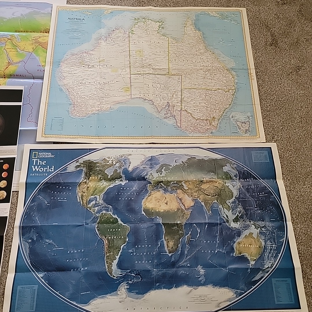 4 VTG Solar System Chart World Maps Large Wall Posters Australia Double Side