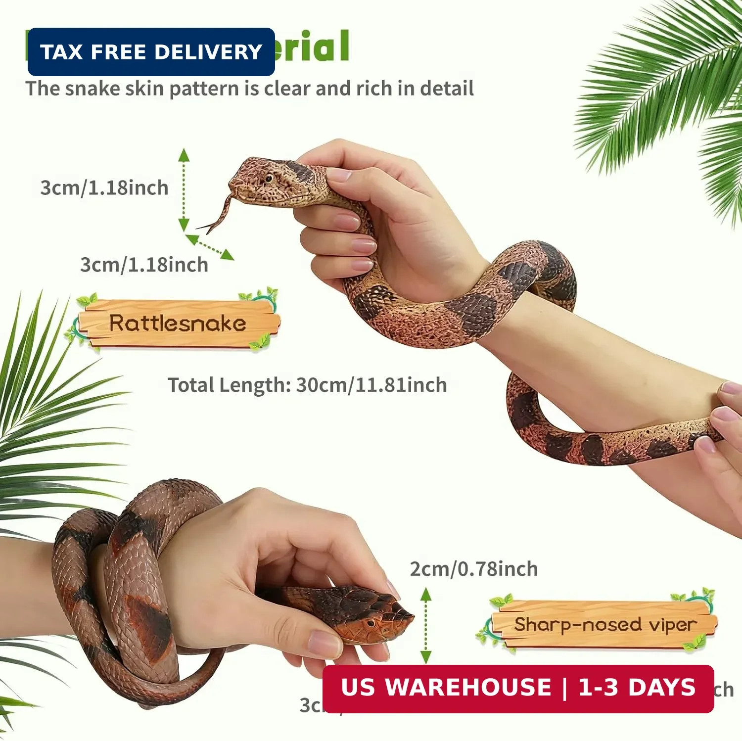 2 Pack Rubber Snakes Fake Snake Rattlesnake, Snakes Toy Realistic Keep Birds Awa