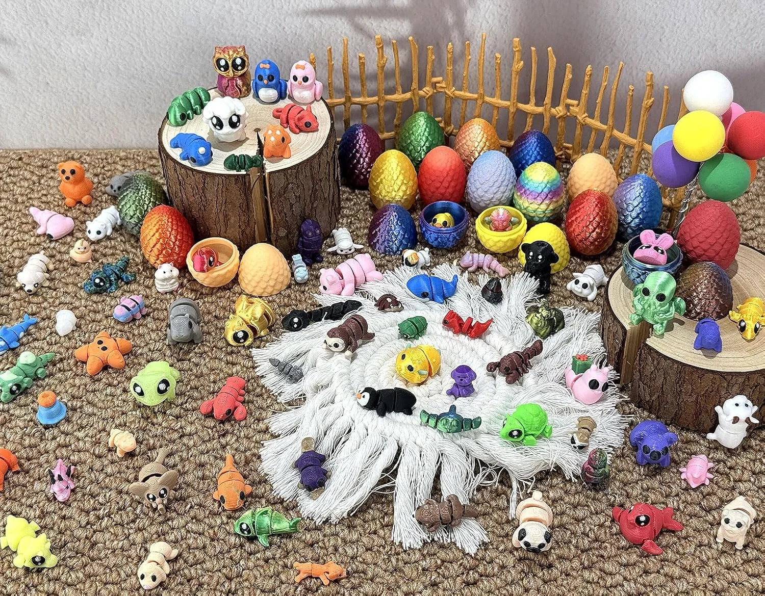124Pcs 3D Printed Mini Animal Figurines & Easter Eggs Set,Flexible Articulated F