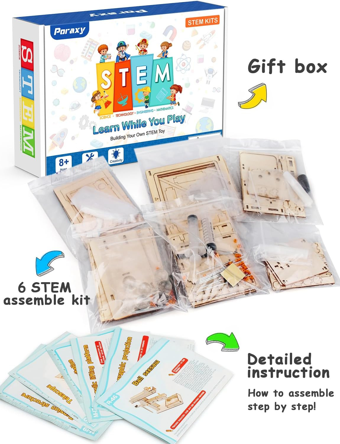 Poraxy 6 in 1 STEM Kits for Kids Age 8-10, Science Building Educational Experime