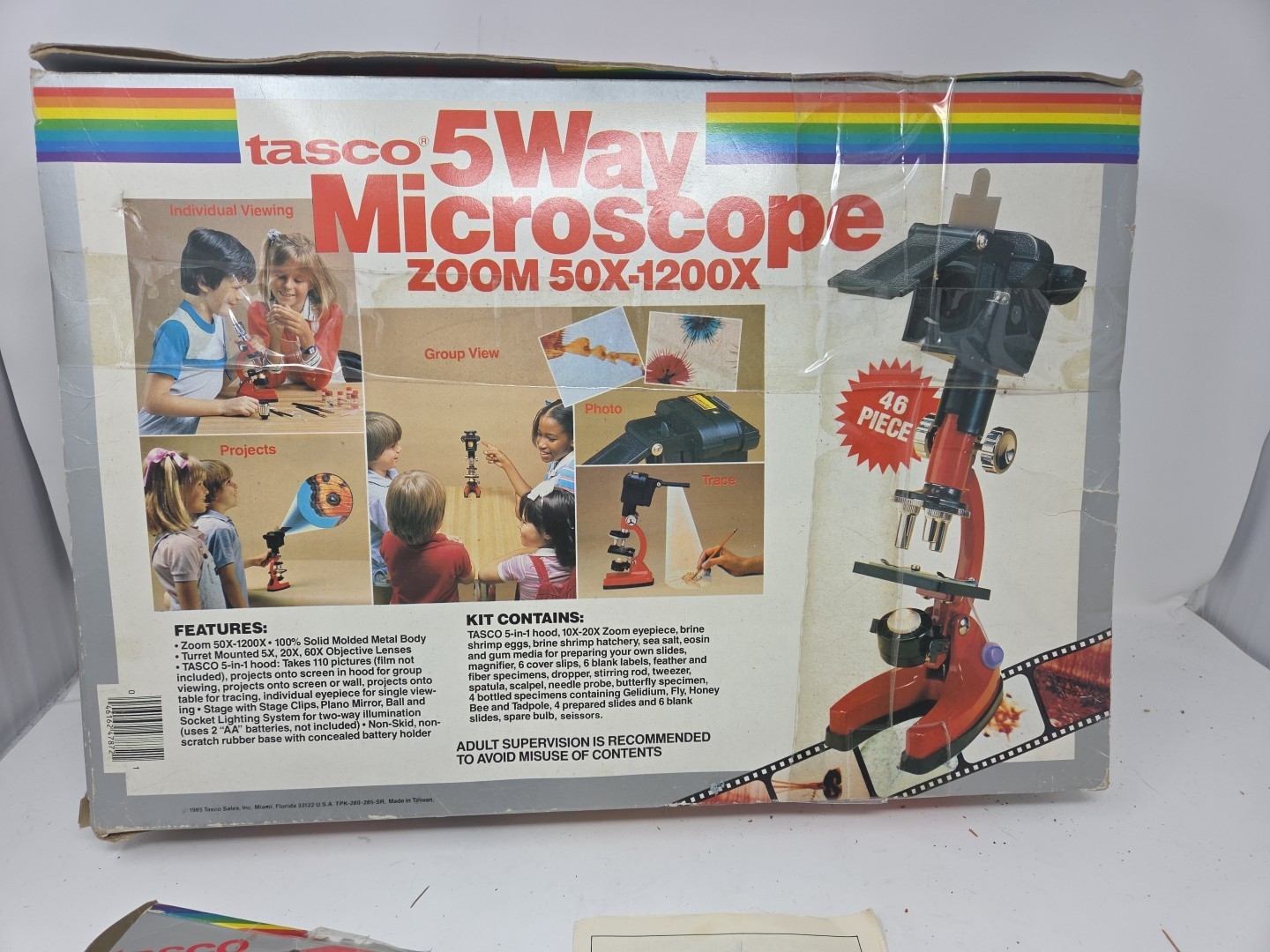 Vintage Tasco 46 Piece Science Kit 5-Way Microscope Kit 50X-1200X 30 slides 1985