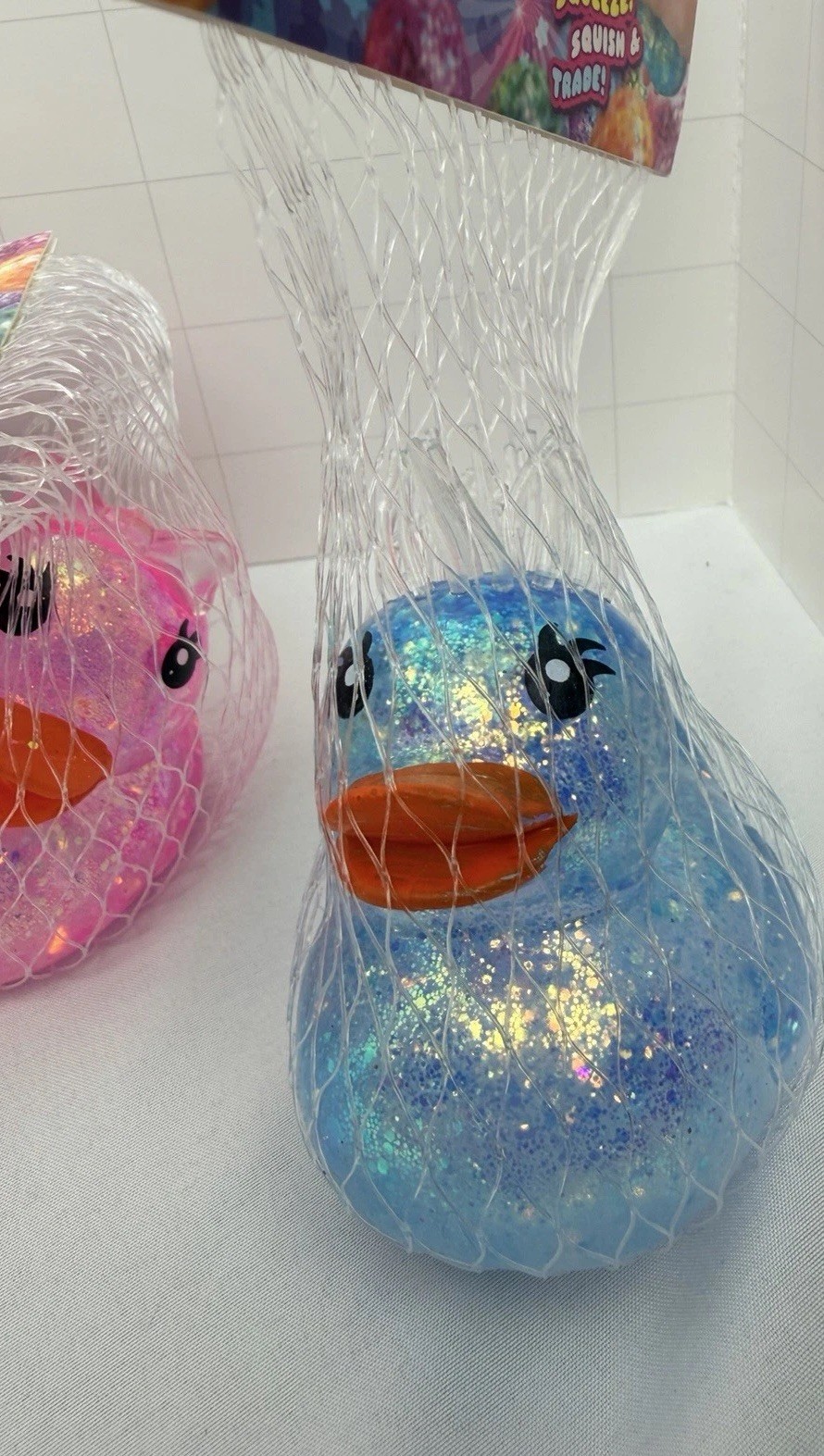 ORB Sugar Swaps Duck Pink Blue Purple Set of 3 Spiky Hair Bow Squishy Squeezy