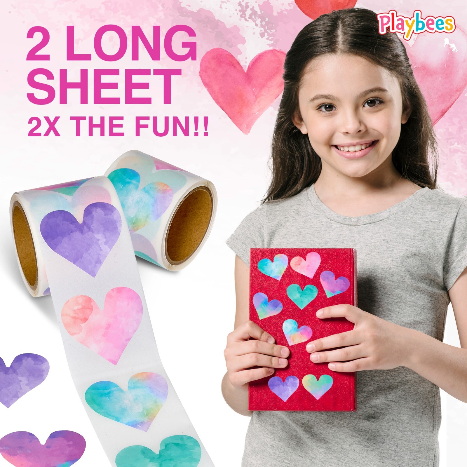 Watercolor Heart Stickers for Kids – 200 Pack of Rainbow Heart Themed Designs
