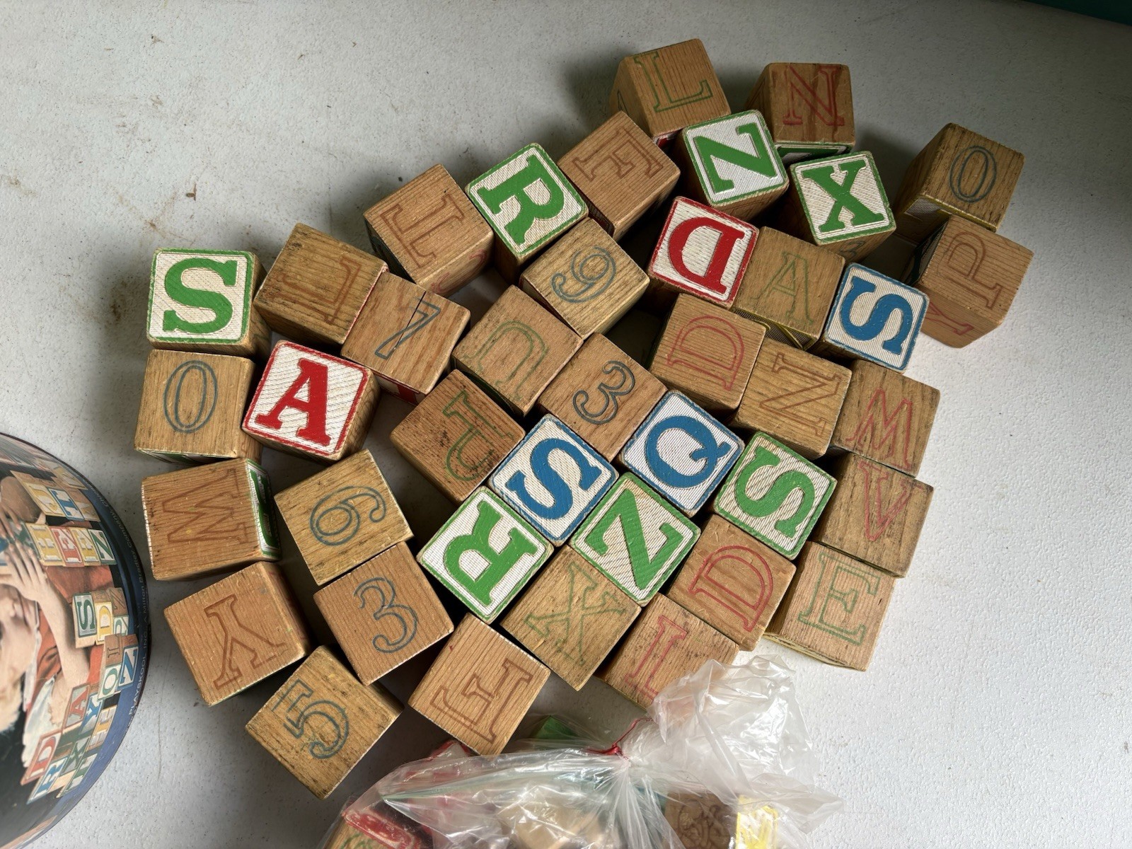 Vintage Playskool Alphabet Blocks Wood 1.75 Inch with Canister Plus Extras