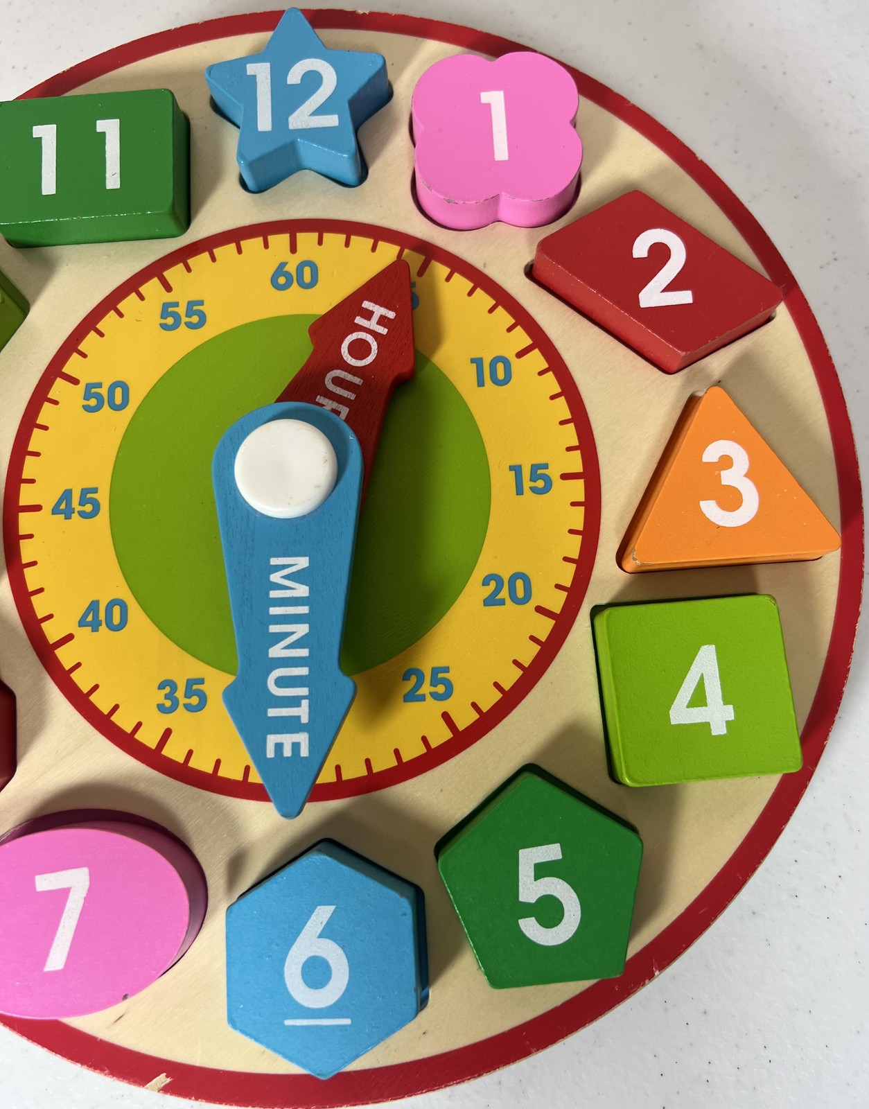Wooden Educational Clock Puzzle Shape Sorter Telling Time Numbers Colors Kids