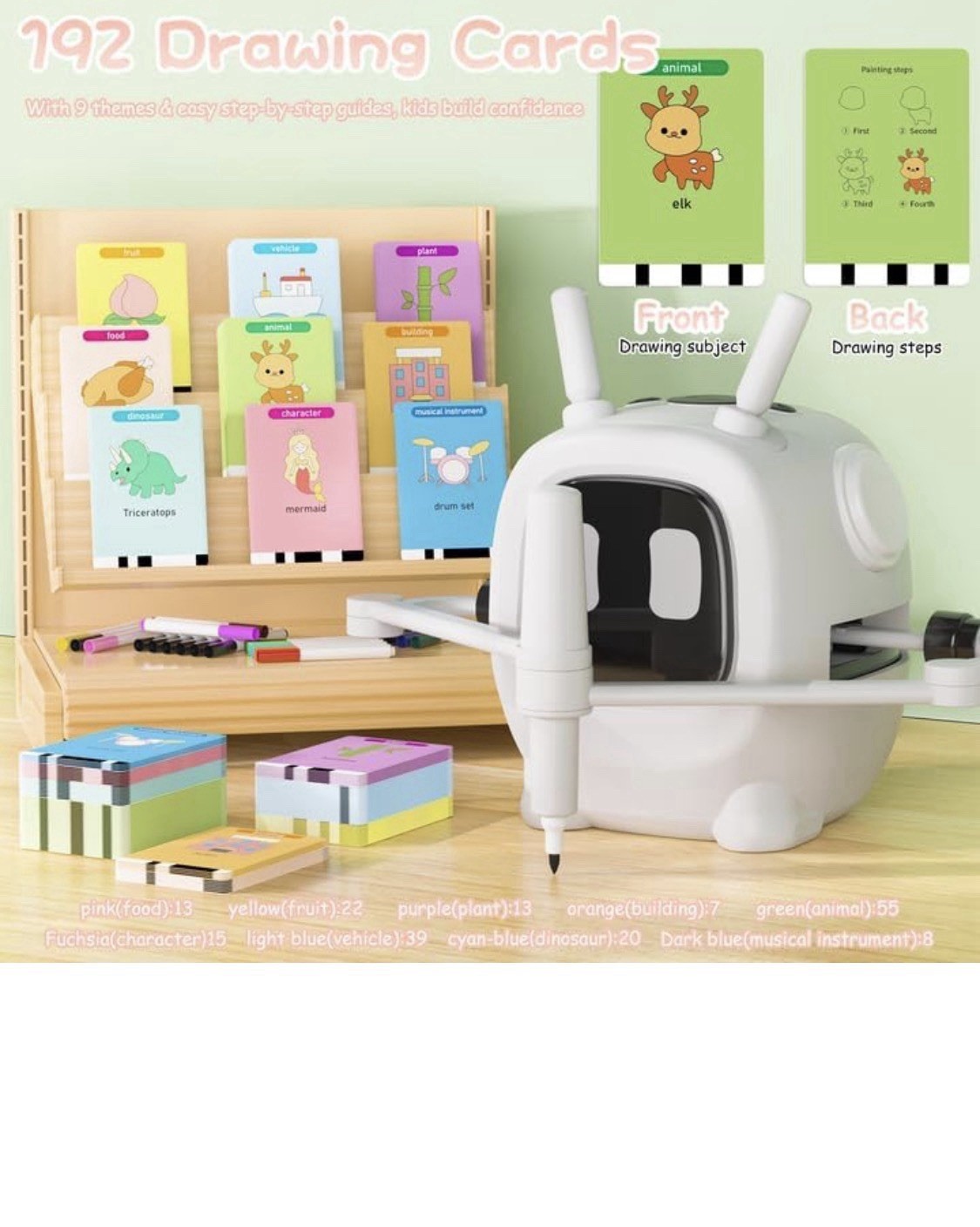 Kids Drawing Robot Learning Toy Set w/ 192 Drawing Cards & Markers, Ages 4-10